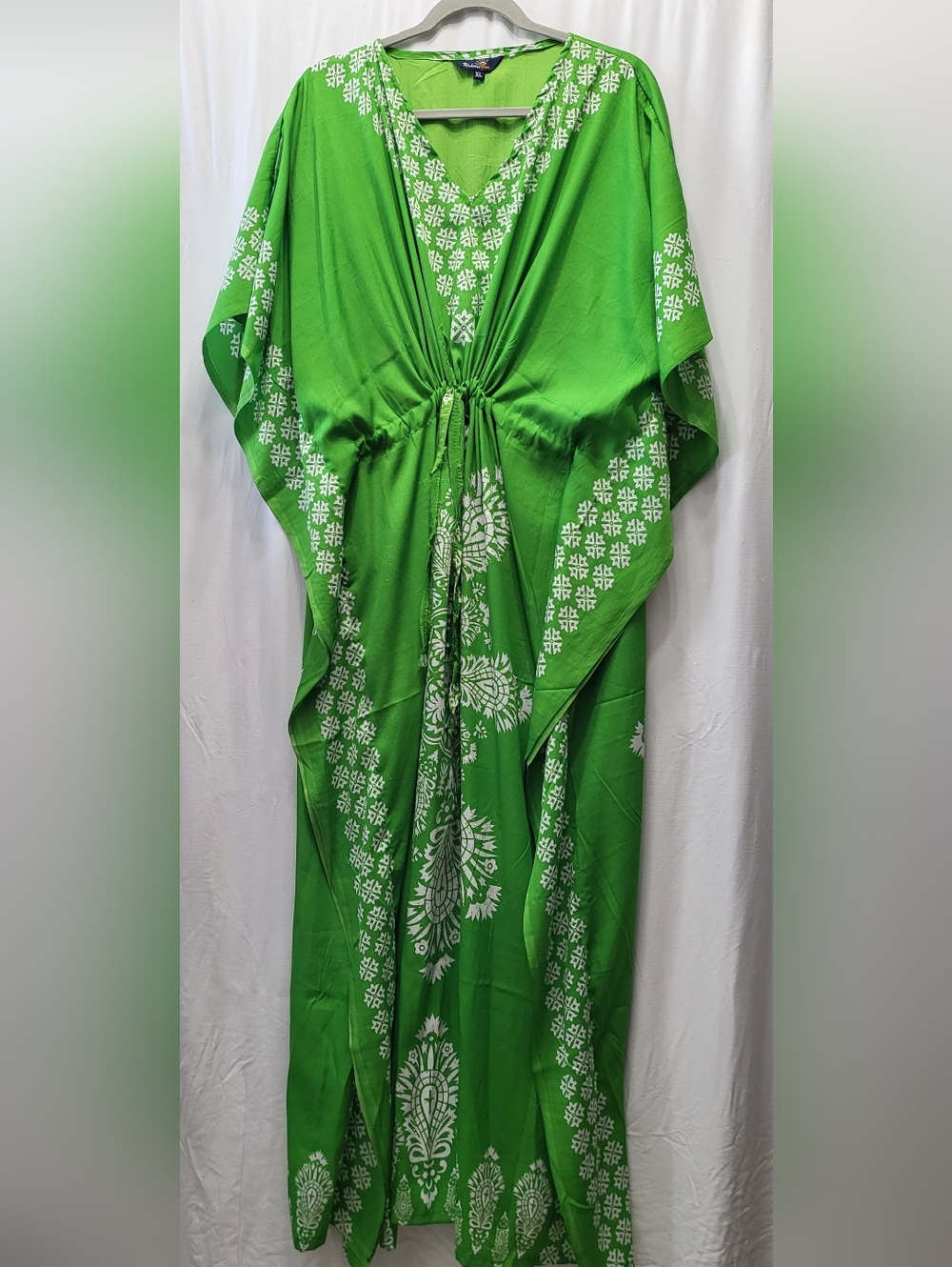 Green Embroidered Drawstring Maxi Kaftan Dress - Women